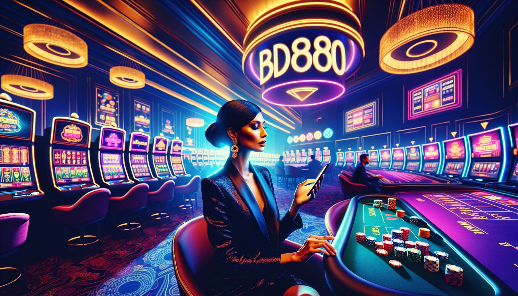 Modern Bangladesh gaming scene with glowing casino visuals, mobile play and bold BD8080 branding creating an energetic premium atmosphere