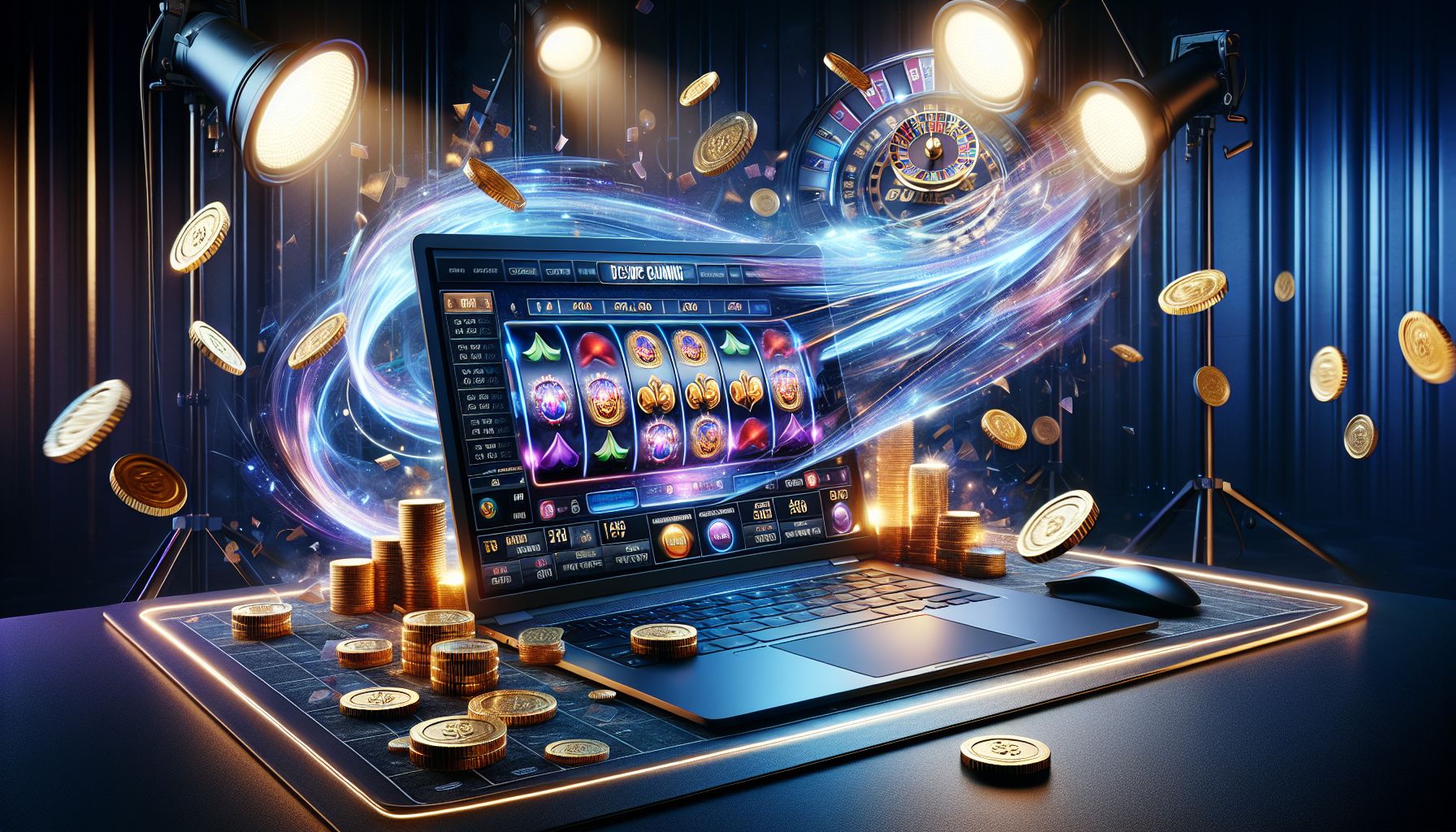 Laptop displaying vivid casino games with bright symbols, flowing lights and a strong BD8080 feel tailored to Bangladesh users