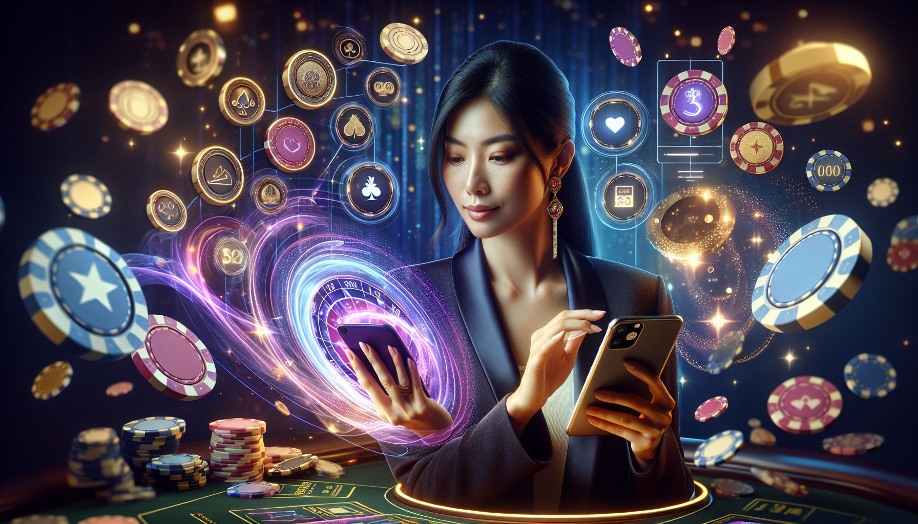 Focused player with smartphone and tablet surrounded by rich casino lighting and BD8080-inspired digital effects in Bangladesh