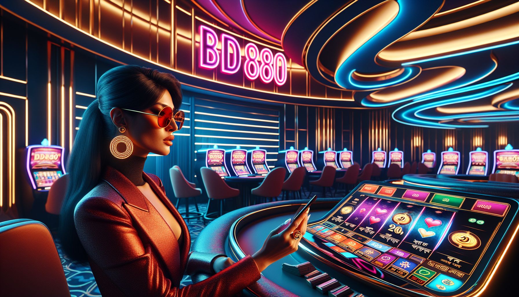 Bangladeshi player enjoying colorful slot reels on a smartphone inside a stylish modern gaming setting at BD8080