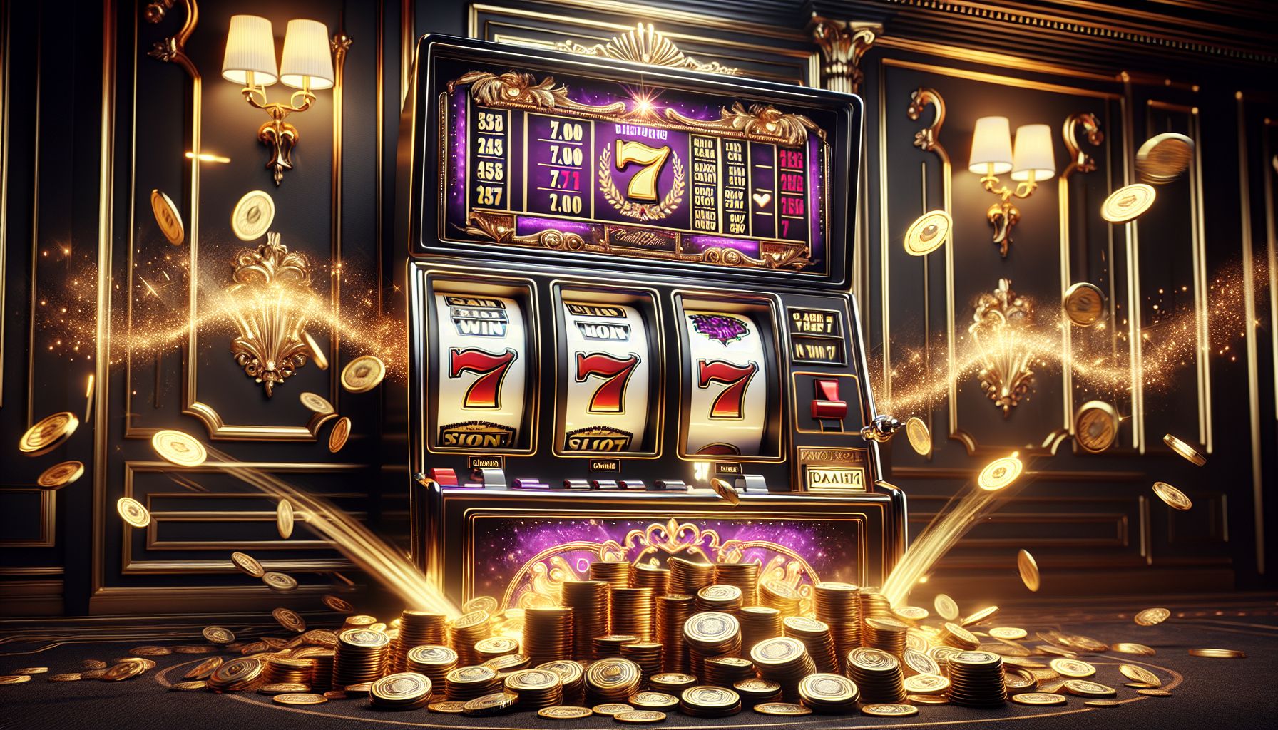 Luxury slot reel with shining sevens, rich gold accents, and coins bursting forward in a dramatic casino-style scene